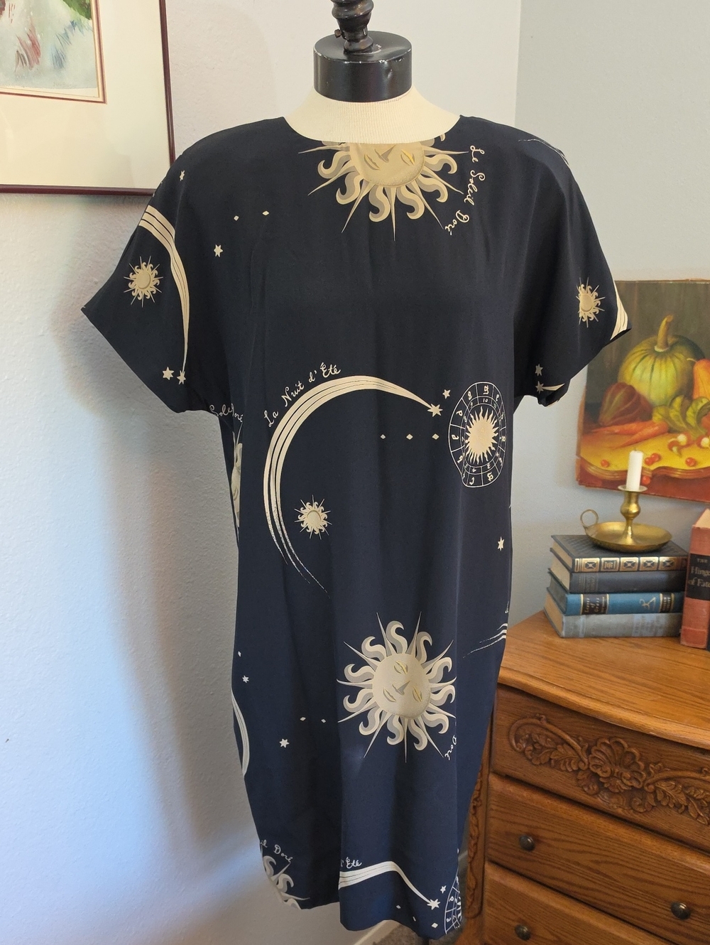 Jones New York Vintage Silk Black Midi Dress Celestial Print Zodiac Astrological